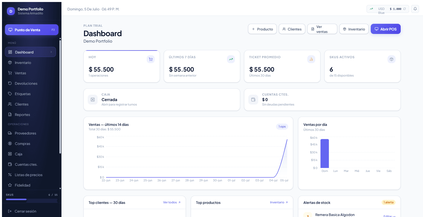 Dashboard de Sistema Armadillo con ventas, caja, inventario y reportes