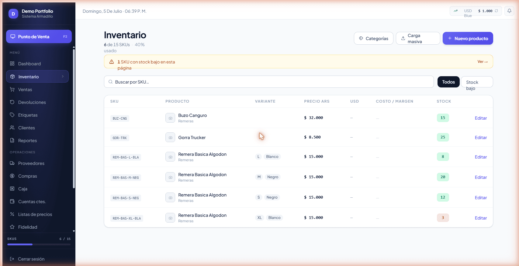 Inventario de Armadillo con variantes, precios y alertas de stock